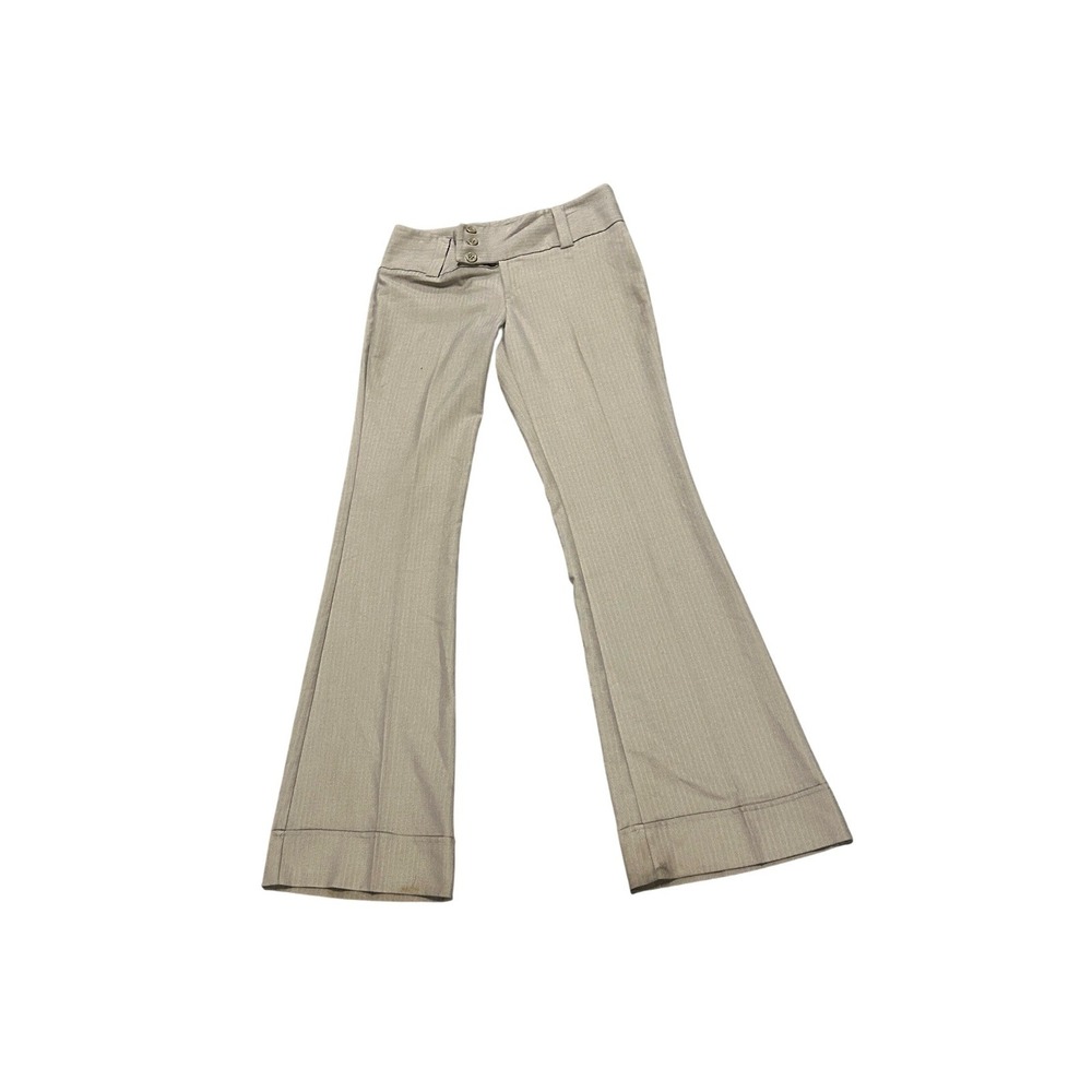 Womens Low Rise Herringbone Flare Dress Pants Tan Cuffed Hem Y2K Office Siren